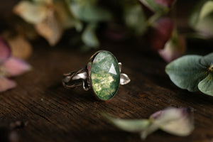 One of a kind Moss Agate and Quartz crystal ring