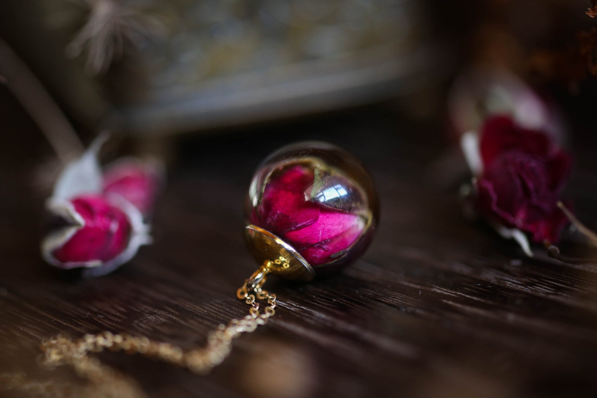 Real rosebud droplet necklace