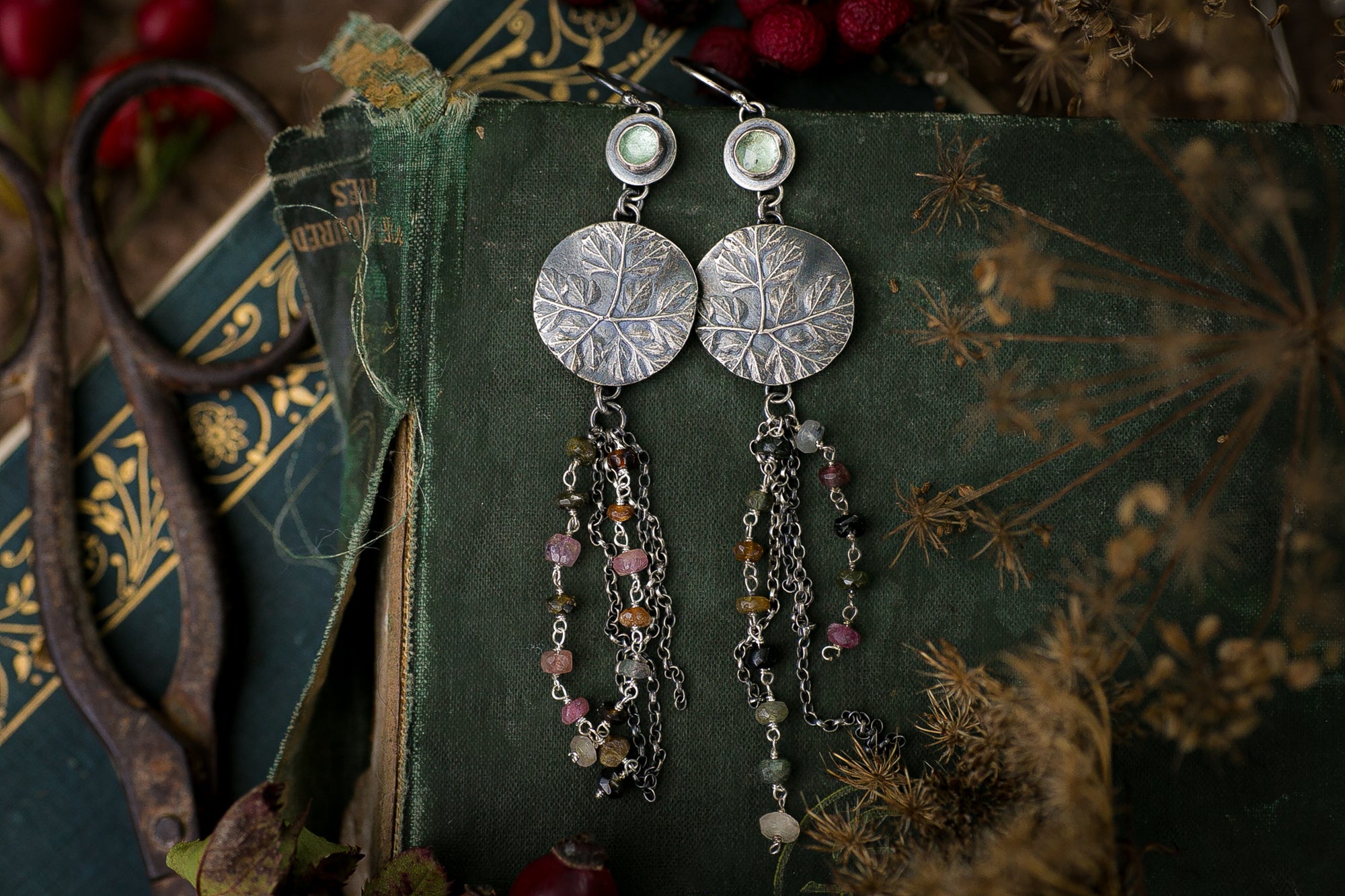 Herb Robert tassle earrings with sage Kyanite and watermelon Tourmaline