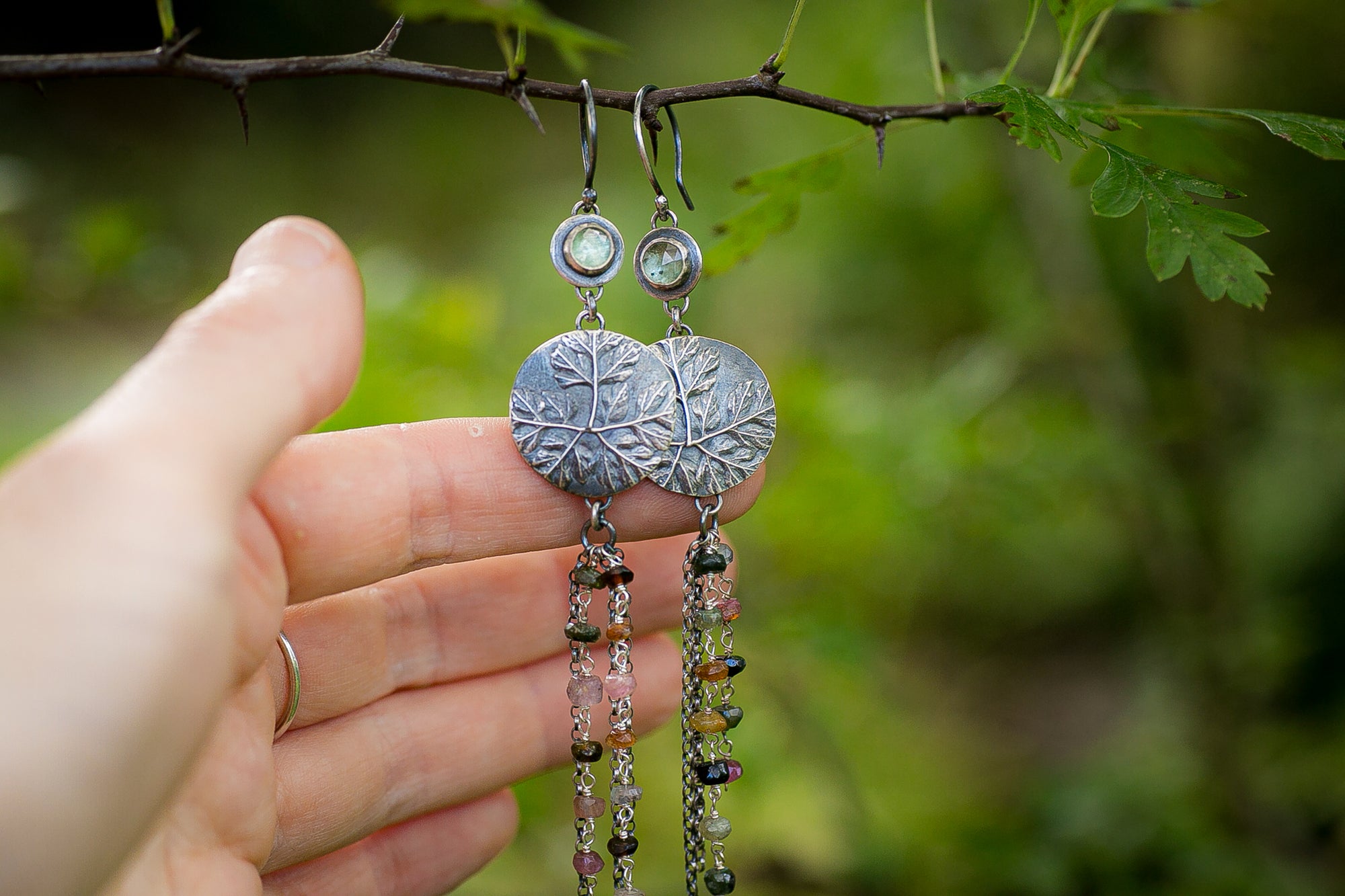 Herb Robert tassle earrings with sage Kyanite and watermelon Tourmaline