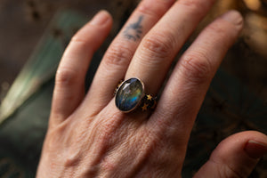 Northern lights ring ~ Labradorite, Rutile Quartz & Birch