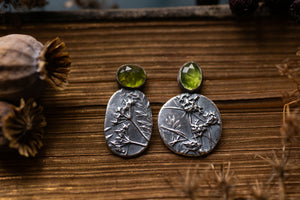 Asymmetric Queen Annes Lace and moss green Peridot studs