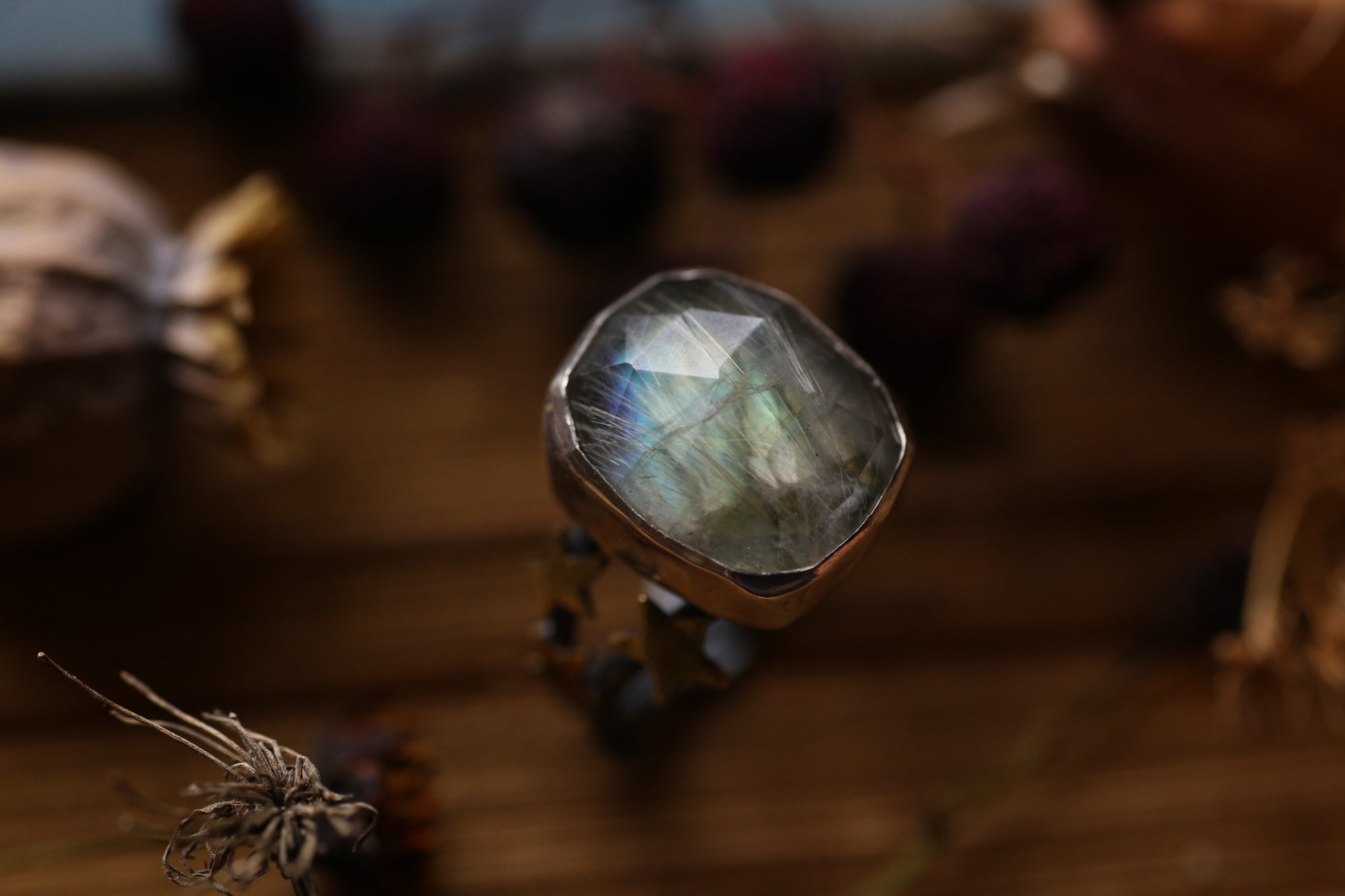 Northern lights ring ~ Labradorite, Rutile Quartz & Birch