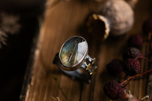 Northern lights ring ~ Labradorite, Rutile Quartz & Birch