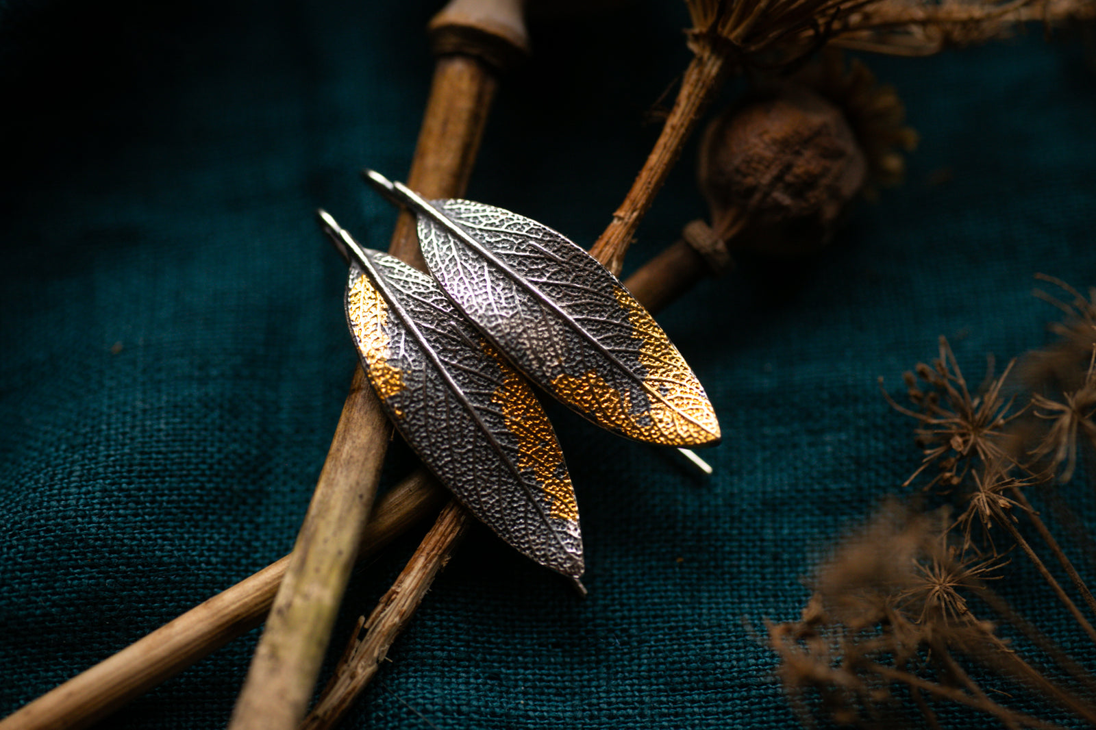 Sage leaf earrings with 24k gold