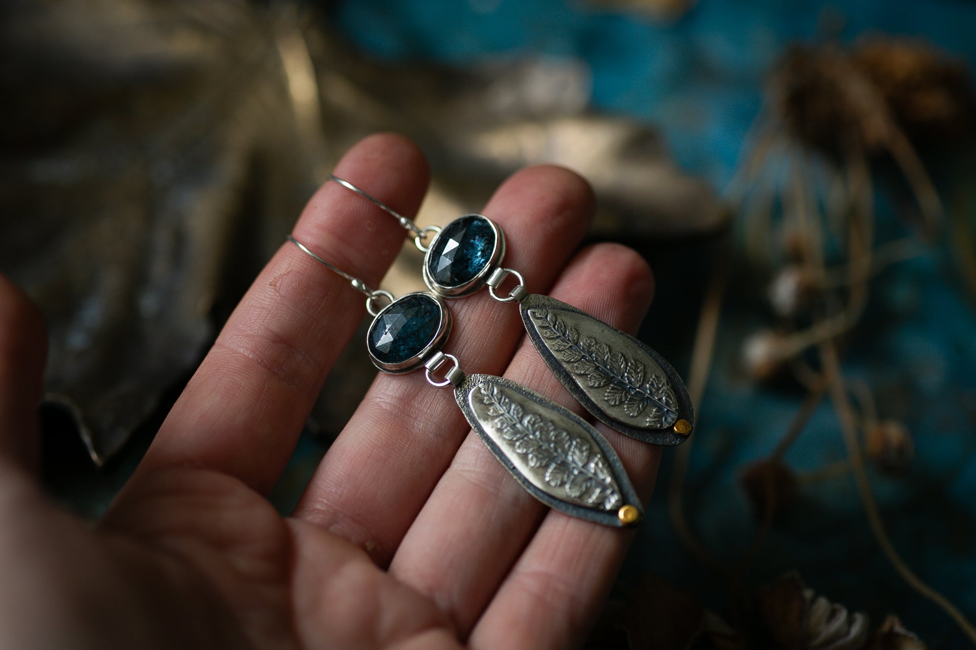 Fern & teal Kyanite earrings ~ For Magic, Protection & Healing