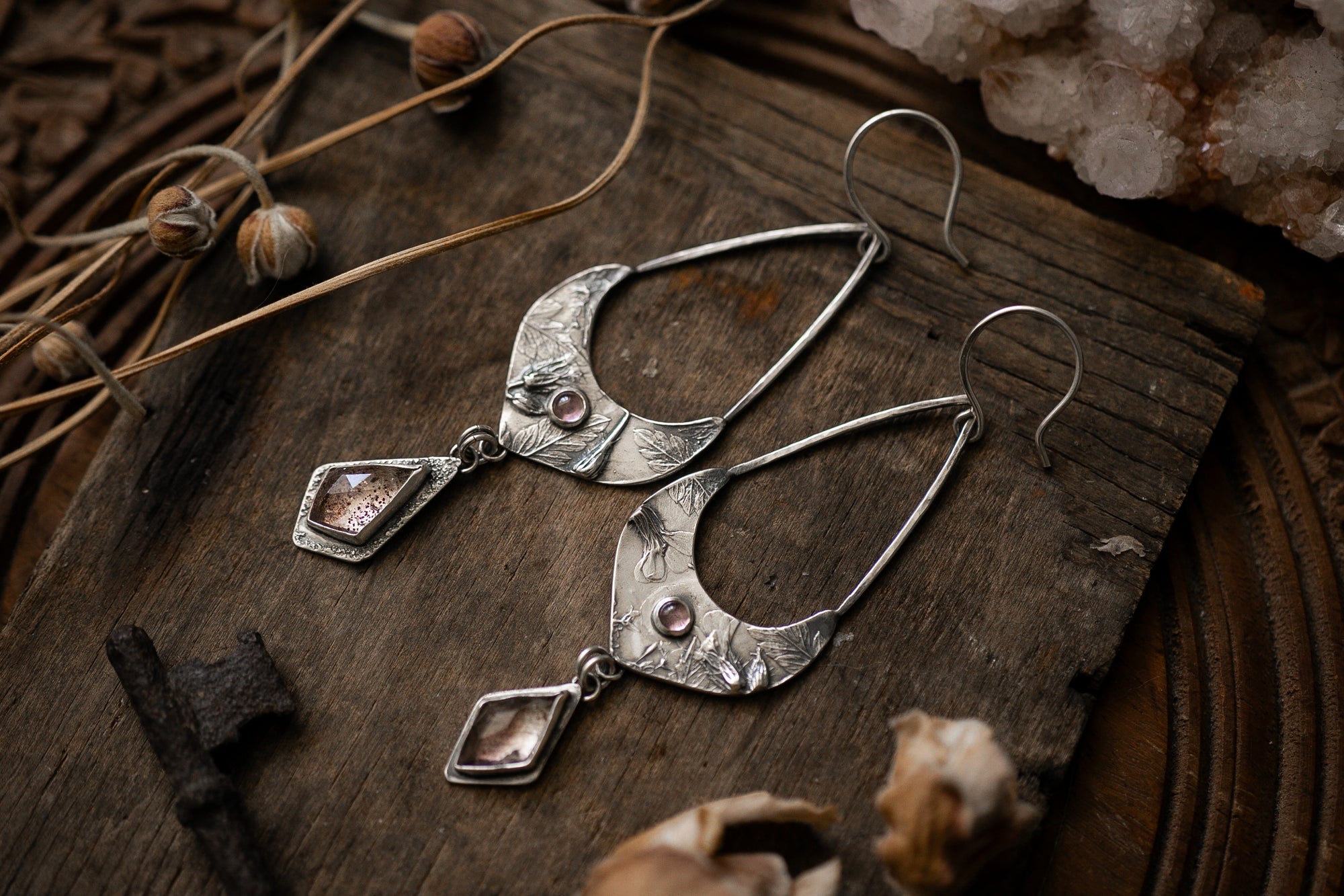 OOAK Herb Robert chandelier earrings - Amethyst & Super 7 quartz