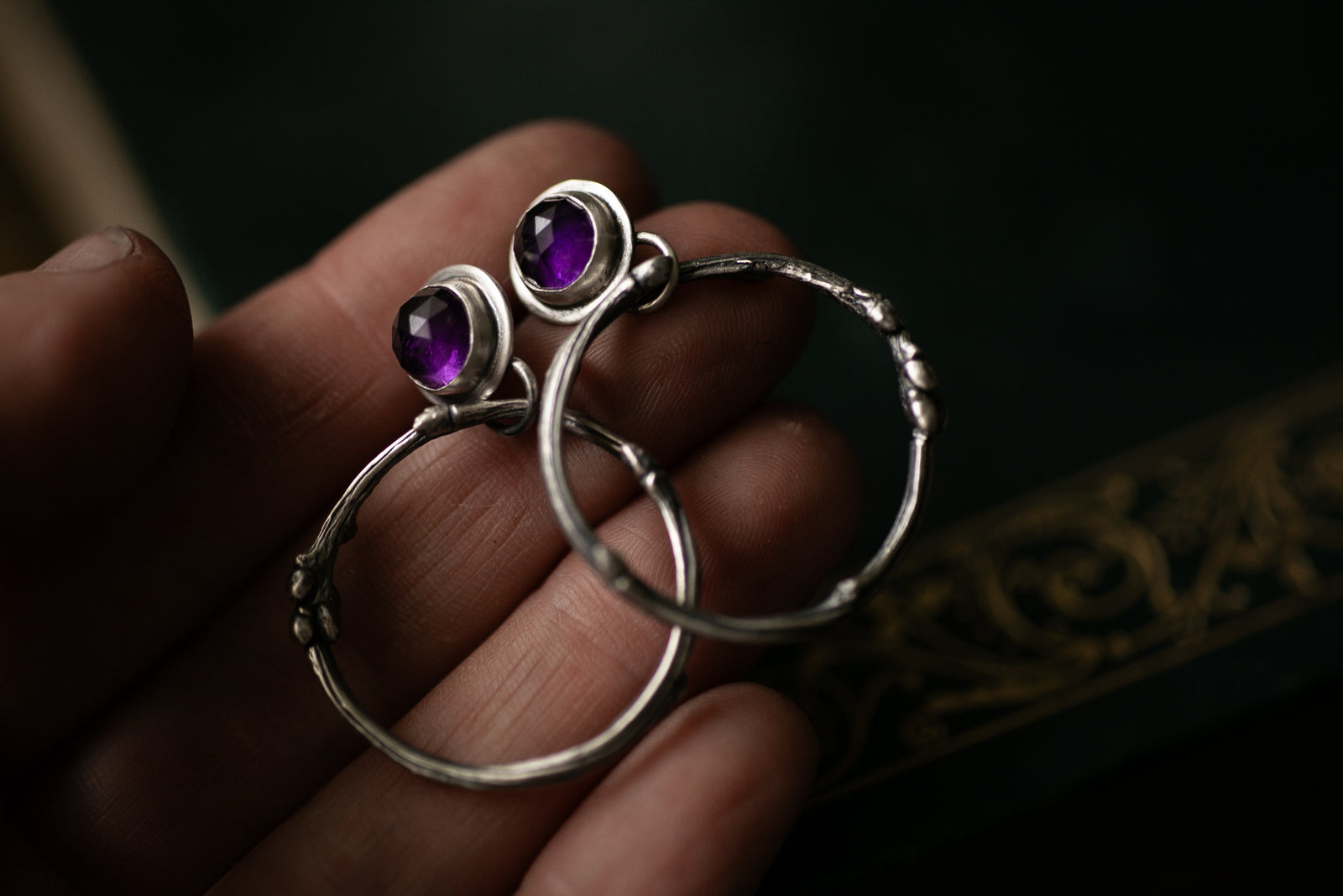Amethyst and Oak twig hoops ~ for Growth & Patience