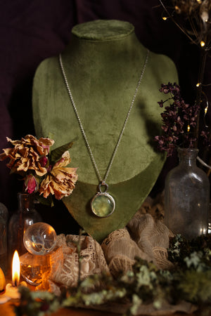 OOAK round Prehnite locket with wreath design