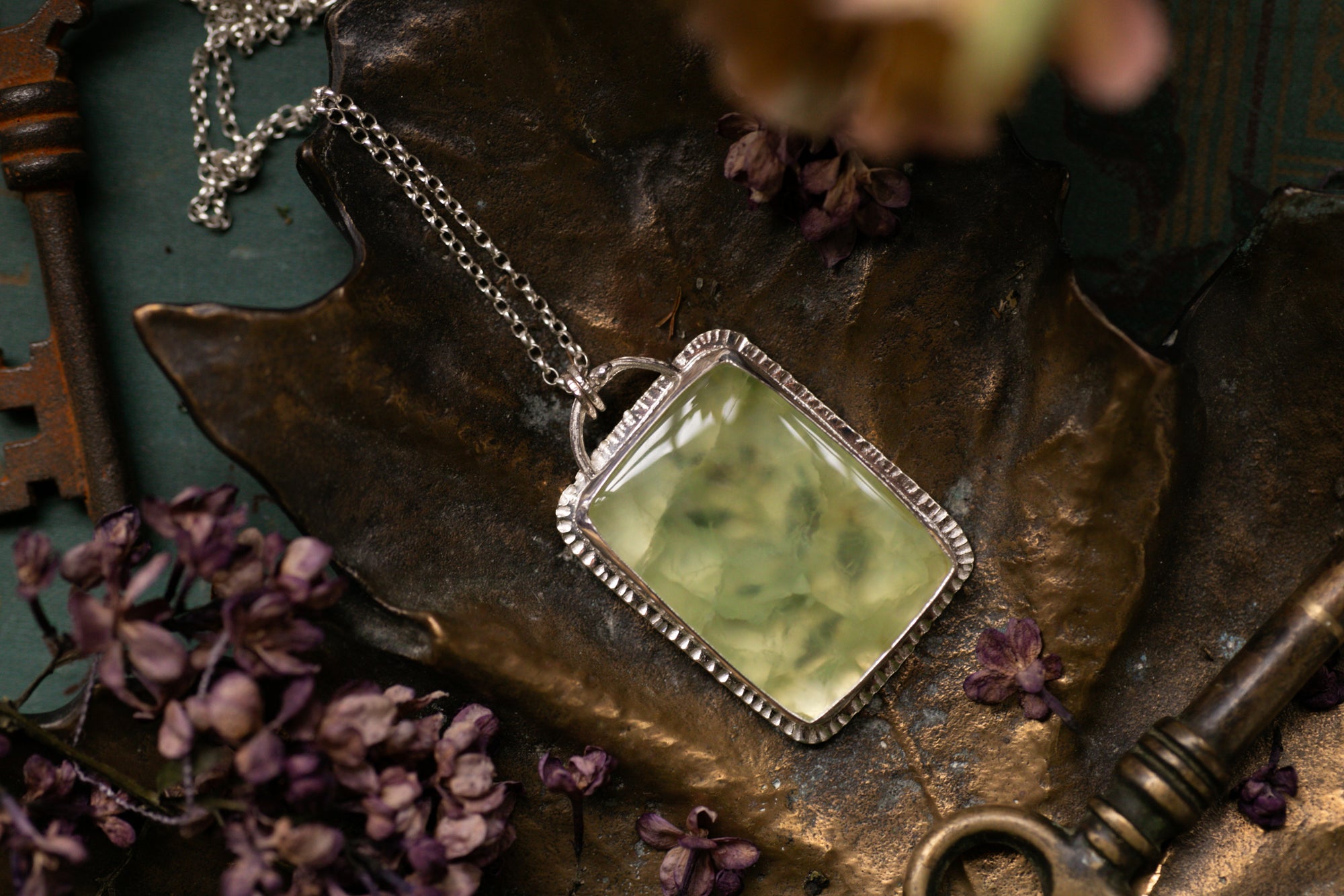 OOAK Prehnite pendant with leaf design