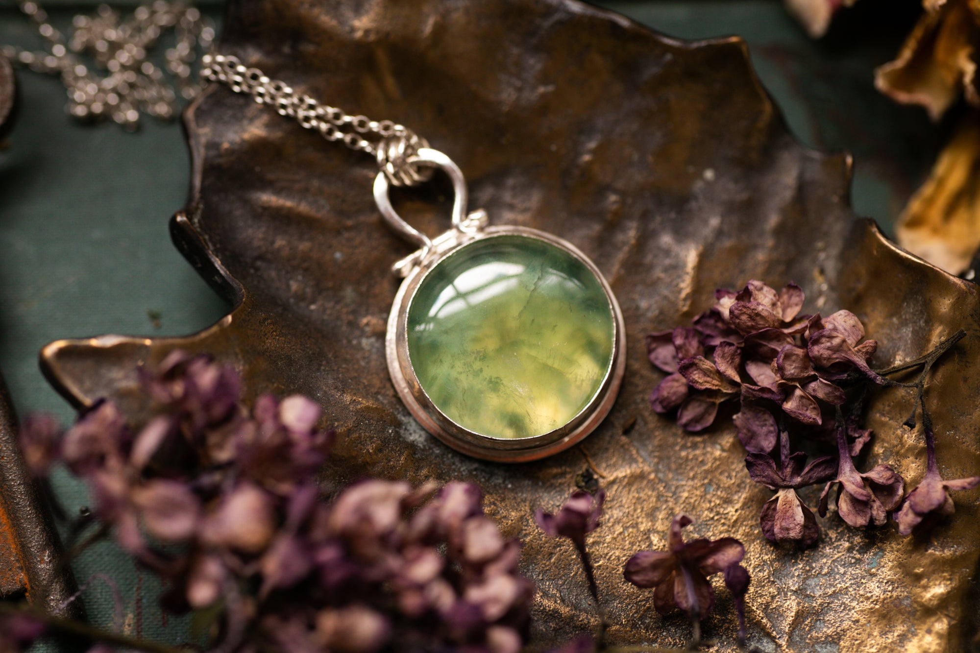 OOAK round Prehnite locket with wreath design