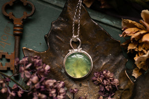 OOAK round Prehnite locket with wreath design