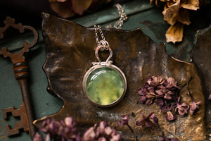 OOAK round Prehnite locket with wreath design