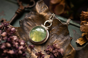 OOAK round Prehnite locket with wreath design