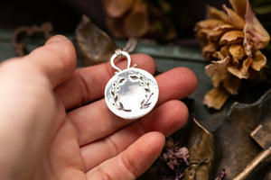 OOAK round Prehnite locket with wreath design