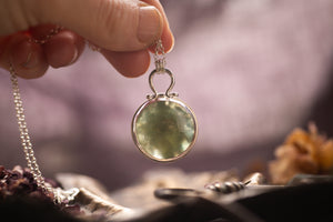OOAK round Prehnite locket with wreath design