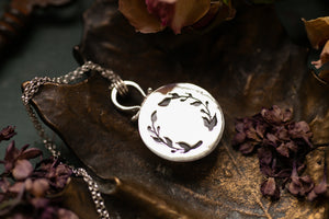 OOAK round Prehnite locket with wreath design