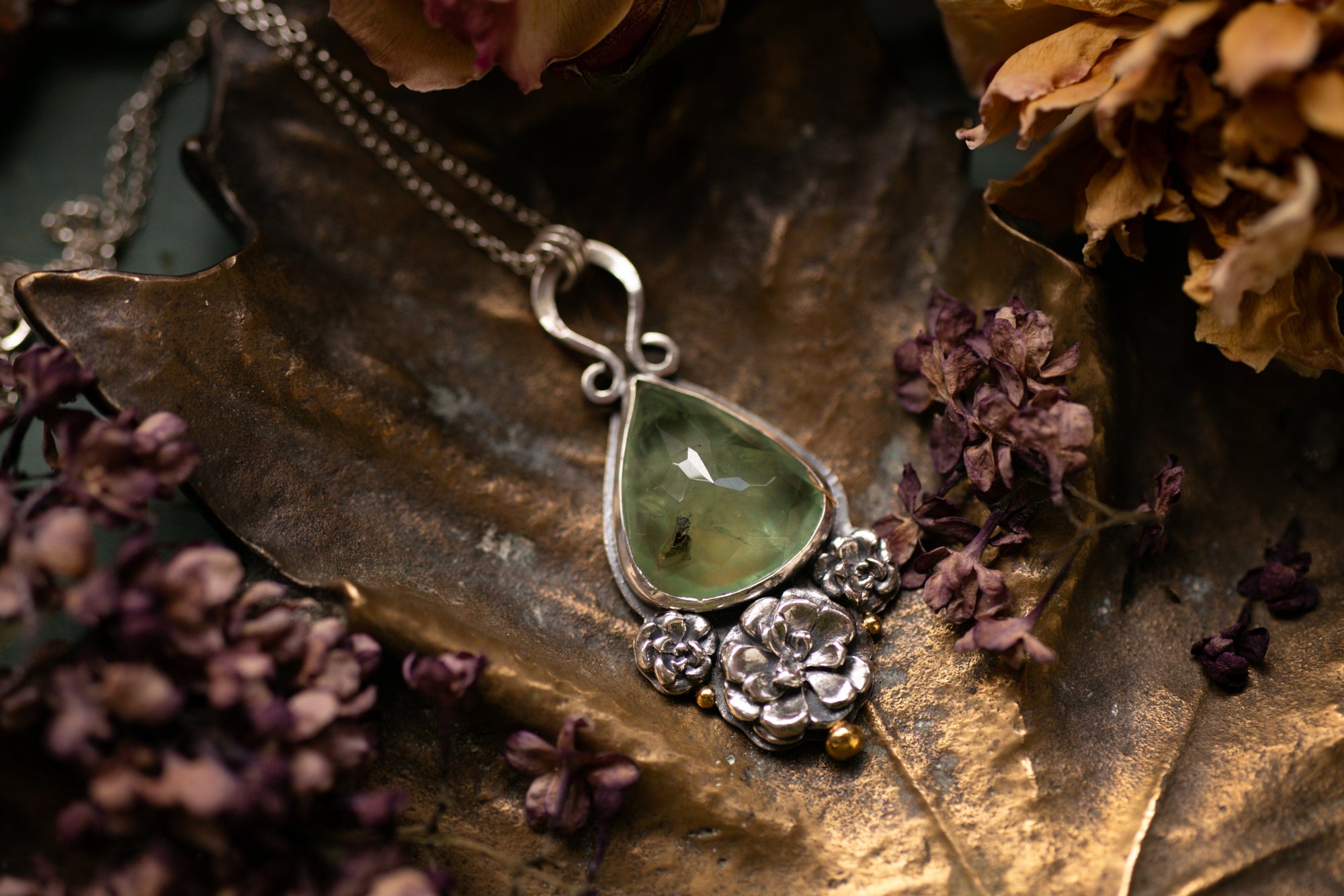 OOAK Prehnite pendant gold gilded details
