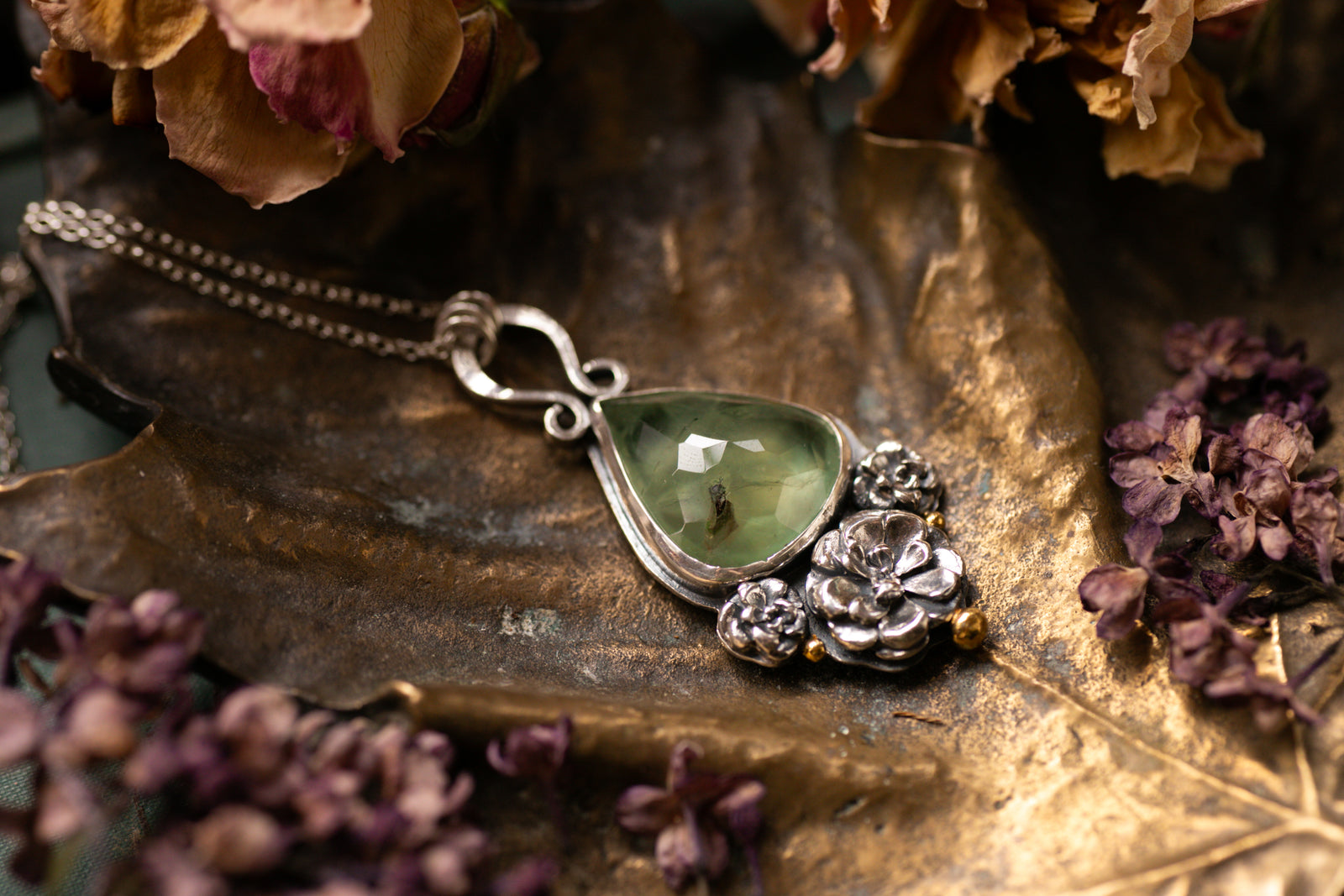 OOAK Prehnite pendant gold gilded details