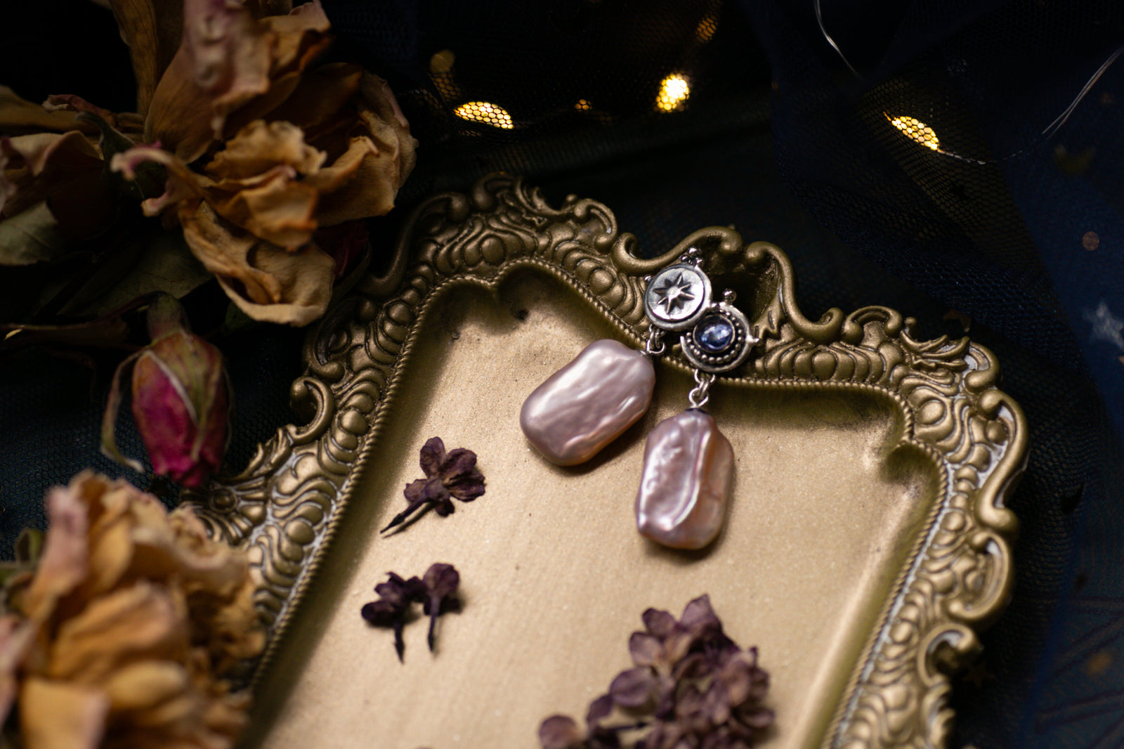 Pearl and Iolite star earrings