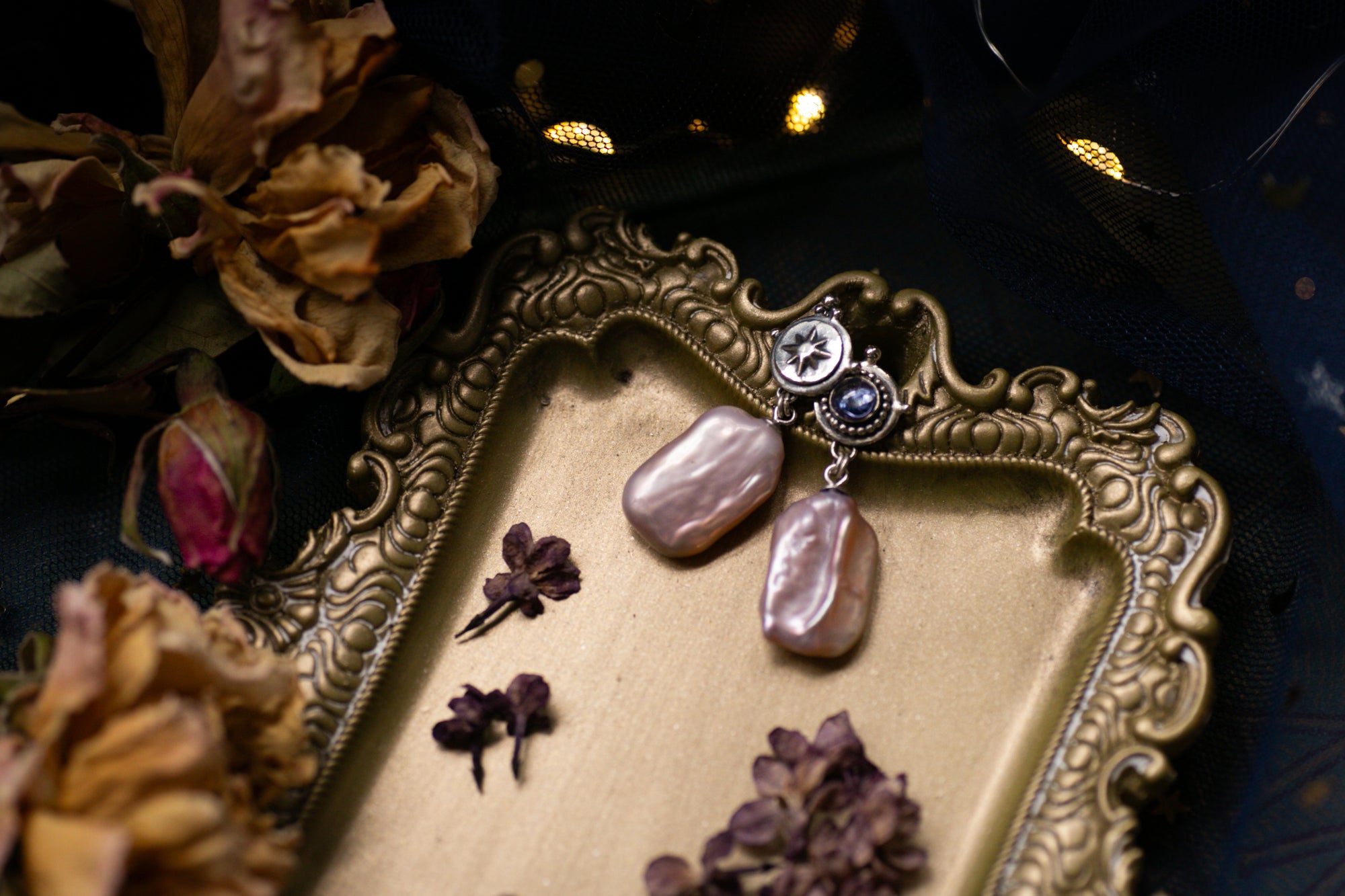 Pearl and Iolite star earrings