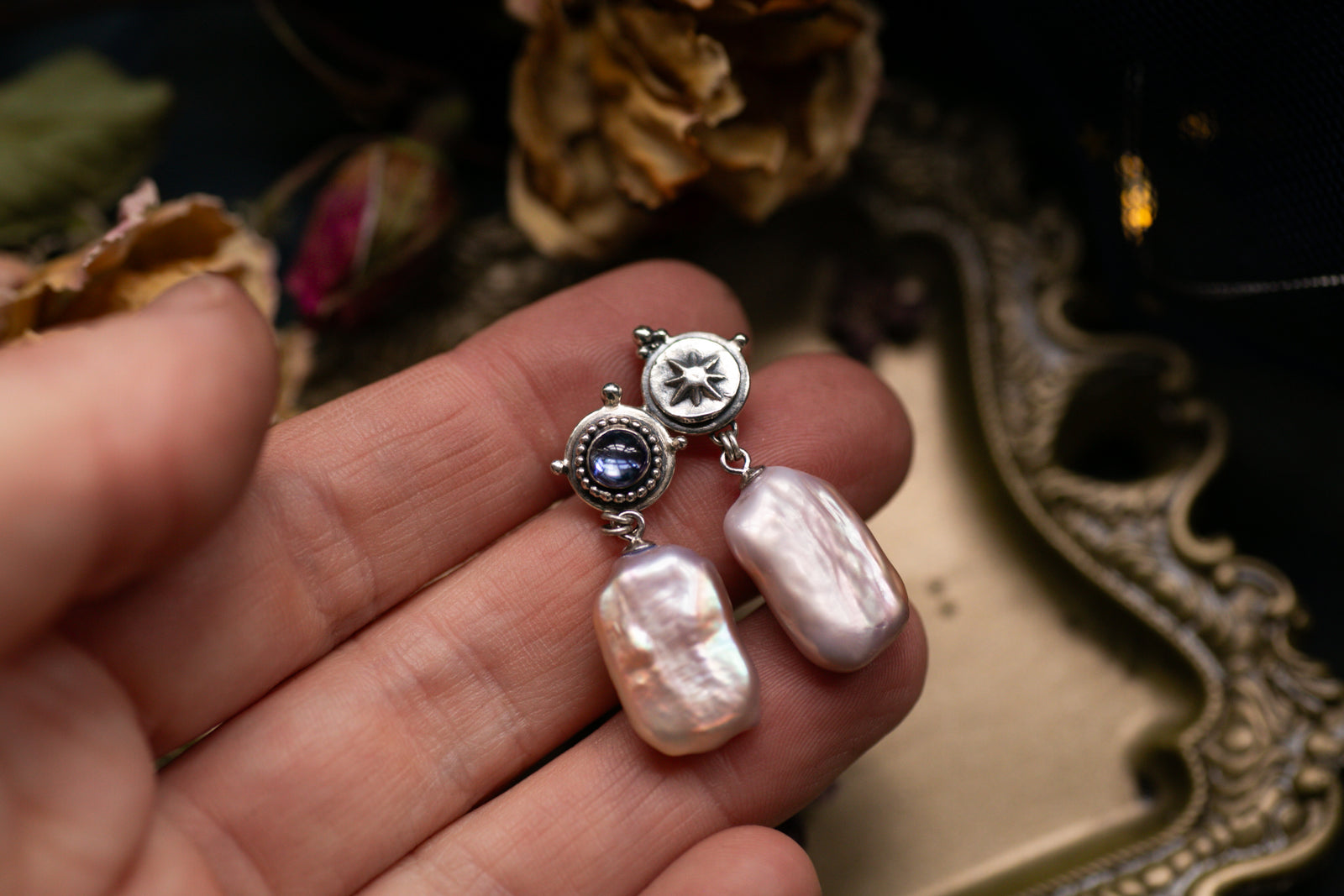 Pearl and Iolite star earrings