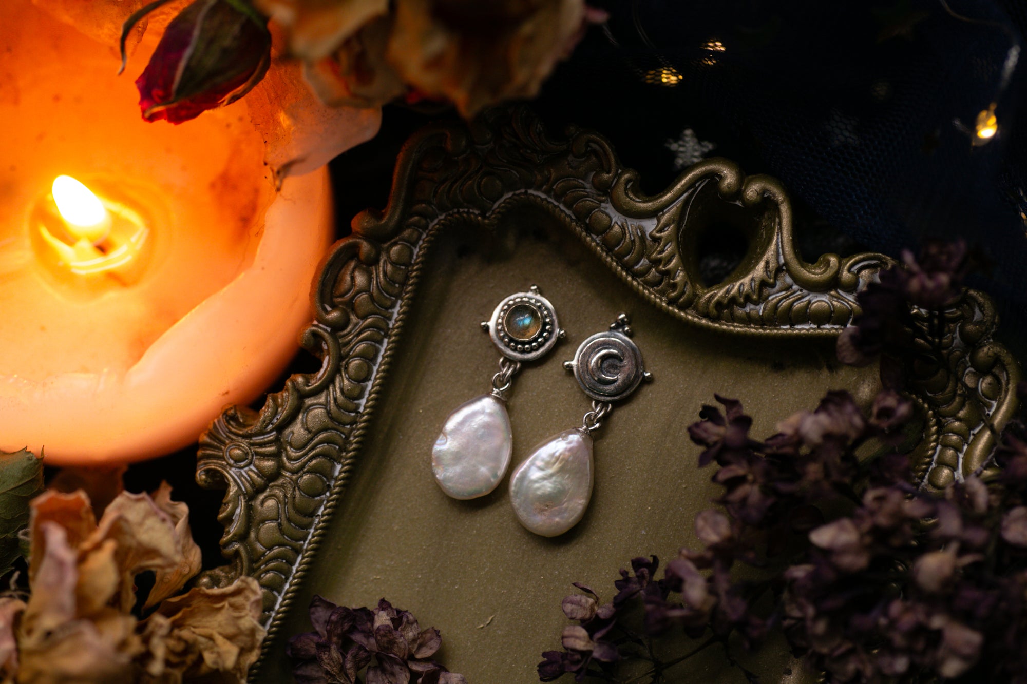 Labradorite and Pearl drop earrings