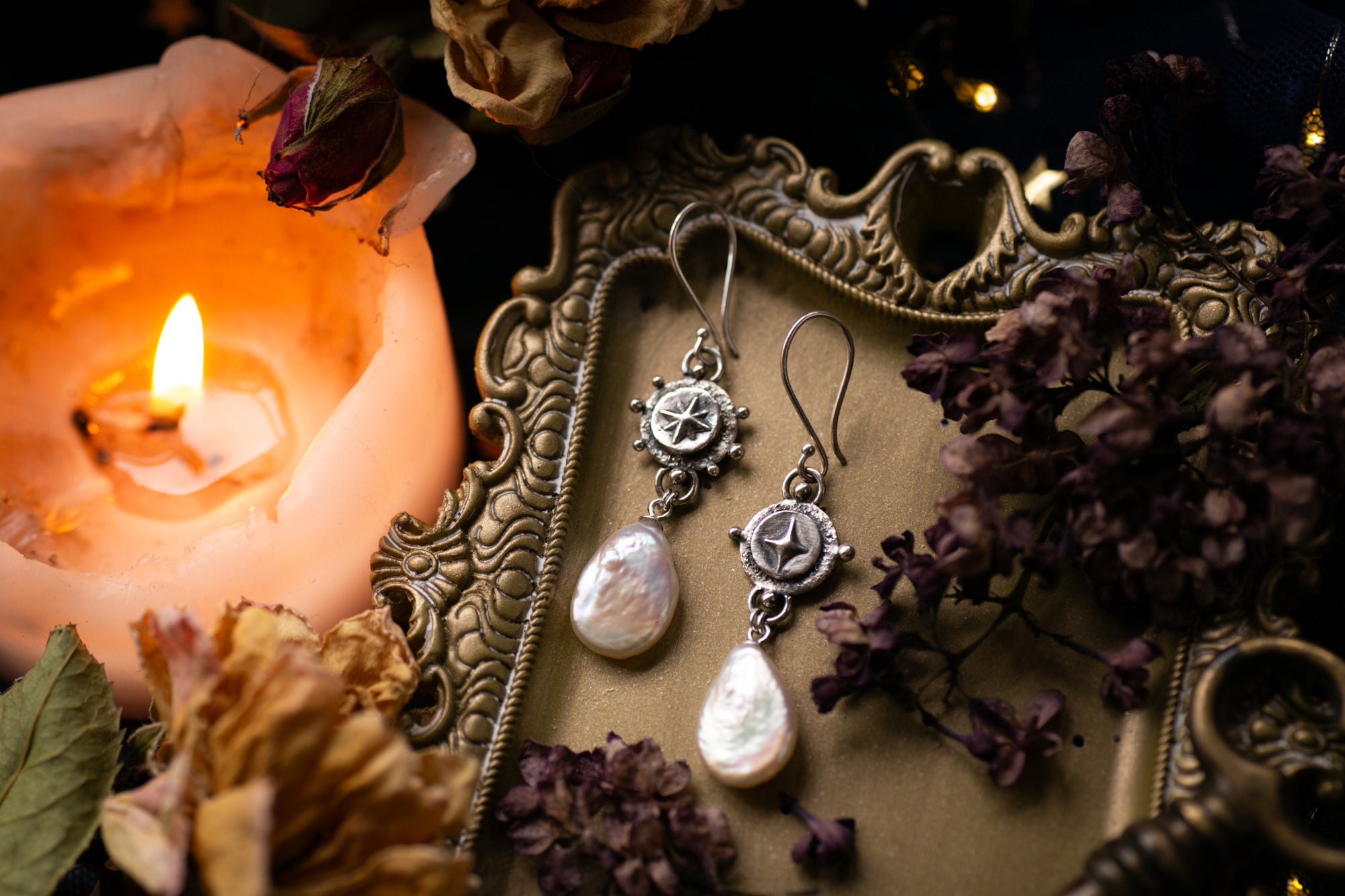 Moon & Star Pearl teardrop earrings
