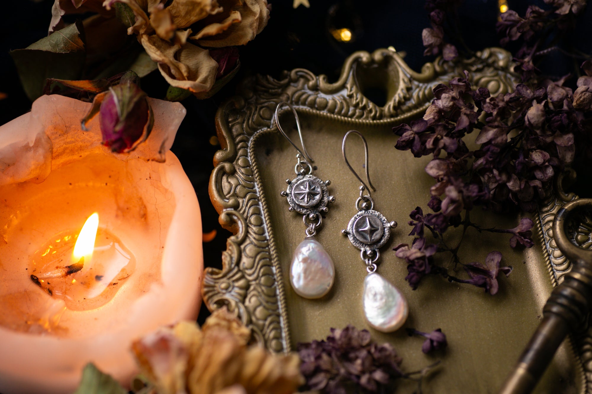 Moon & Star Pearl teardrop earrings