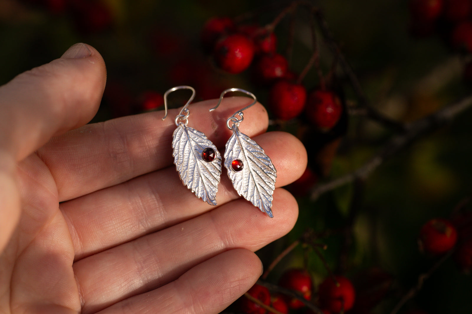 Blackberry leaf & Garnet drop earrings ~ for Protection & Resilience