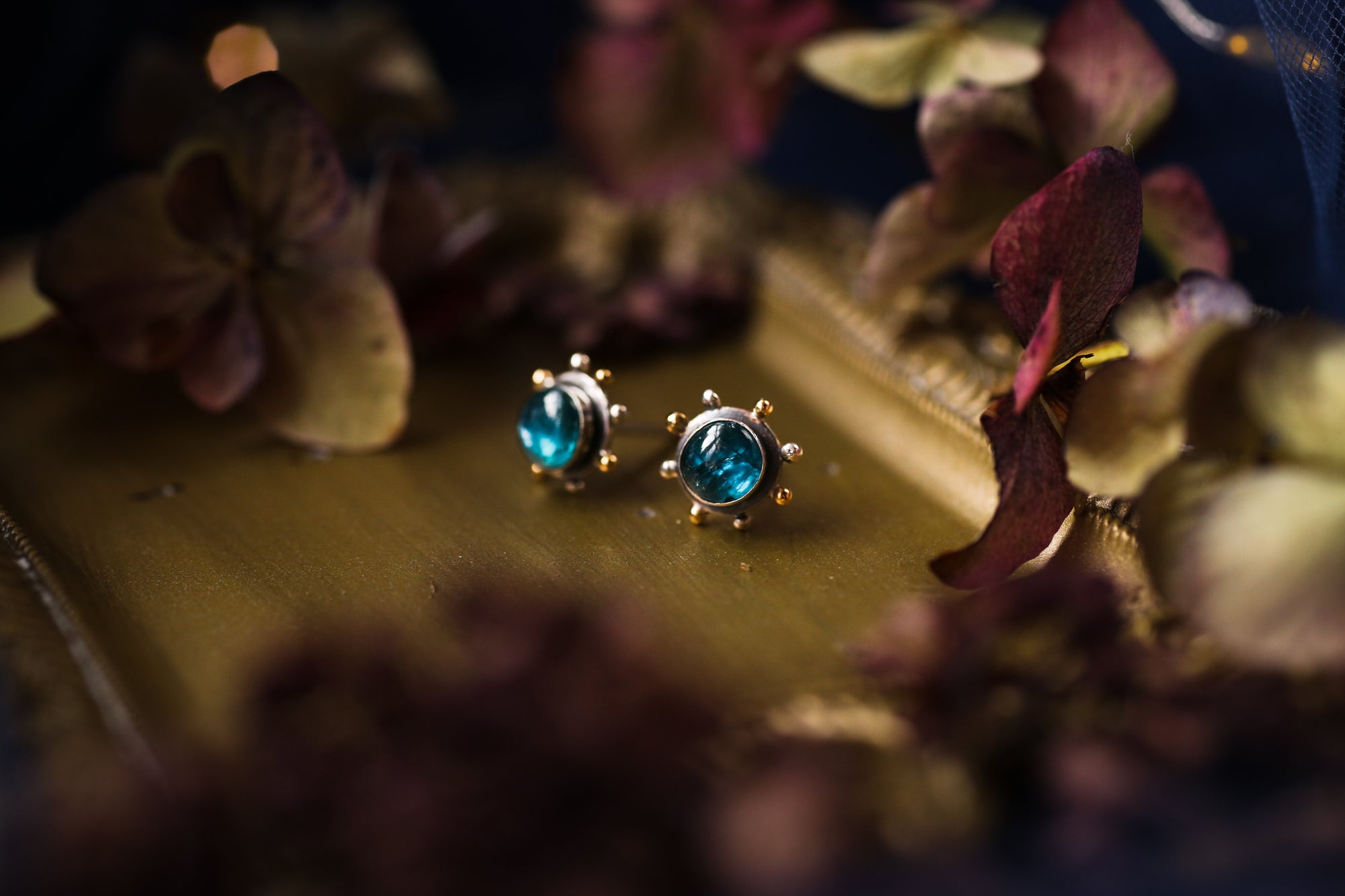 Teal blue Kyanite celestial studs with 1k gold beads