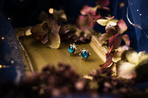 Teal blue Kyanite celestial studs with 1k gold beads