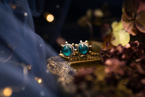 Teal blue Kyanite celestial studs with 1k gold beads