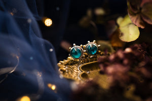 Teal blue Kyanite celestial studs with 1k gold beads