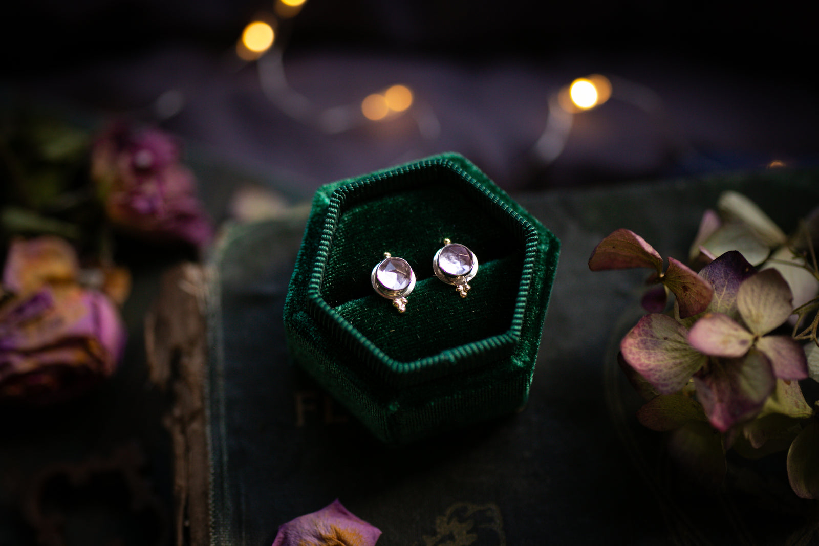 Lavender Amethyst studs with 18k gold beads