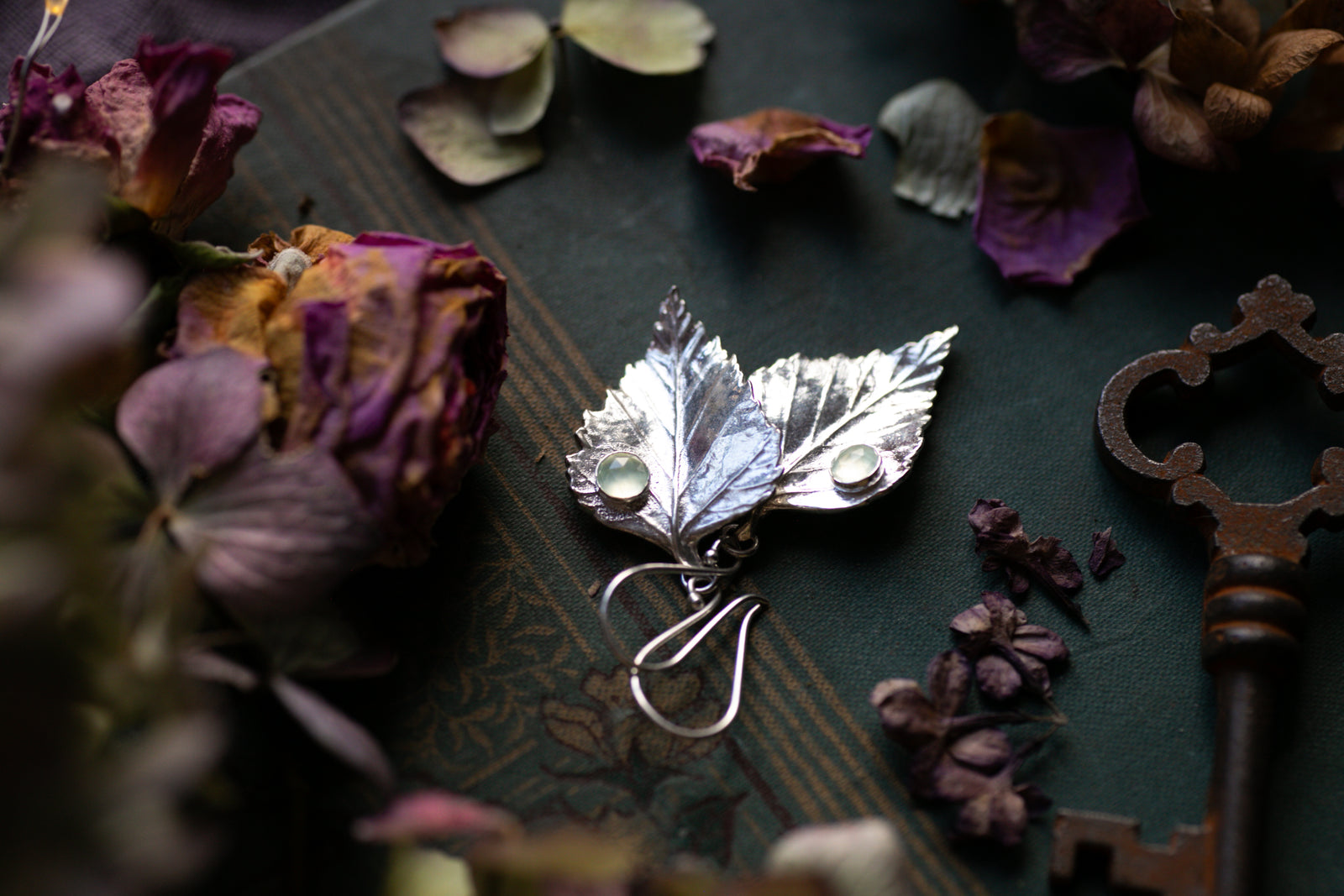 Birch leaf & Prehnite drop earrings ~ Growth & Transformation