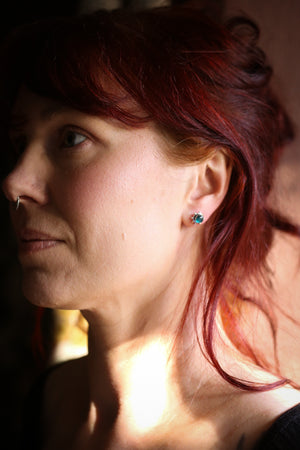 Teal blue Kyanite celestial studs with 1k gold beads