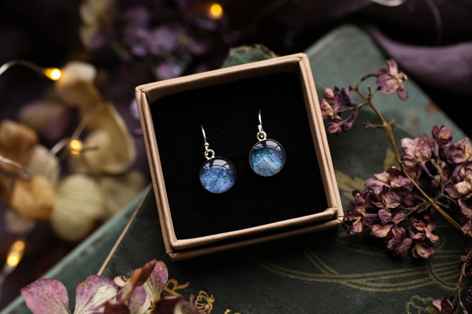 Deep blue hydrangea drop earrings