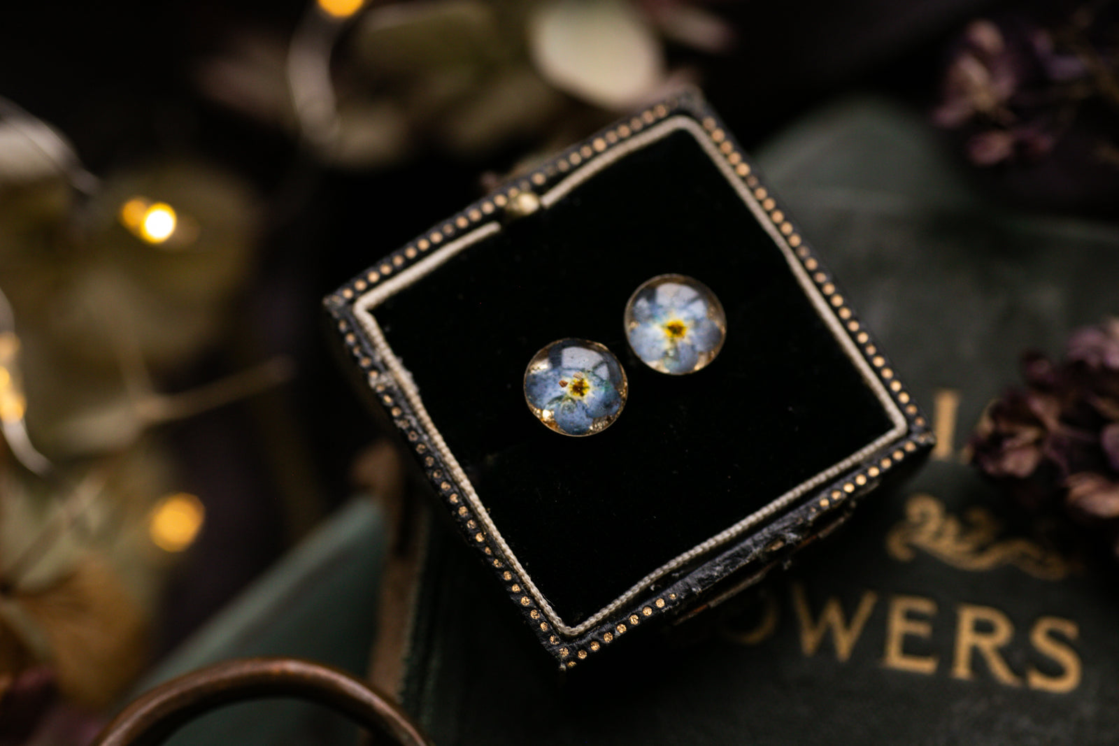 Forget me not & gold leaf stud earrings