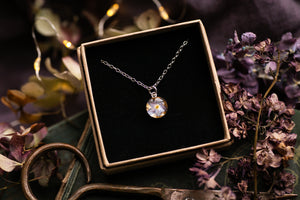 Dainty forget me not & gold leaf pendant