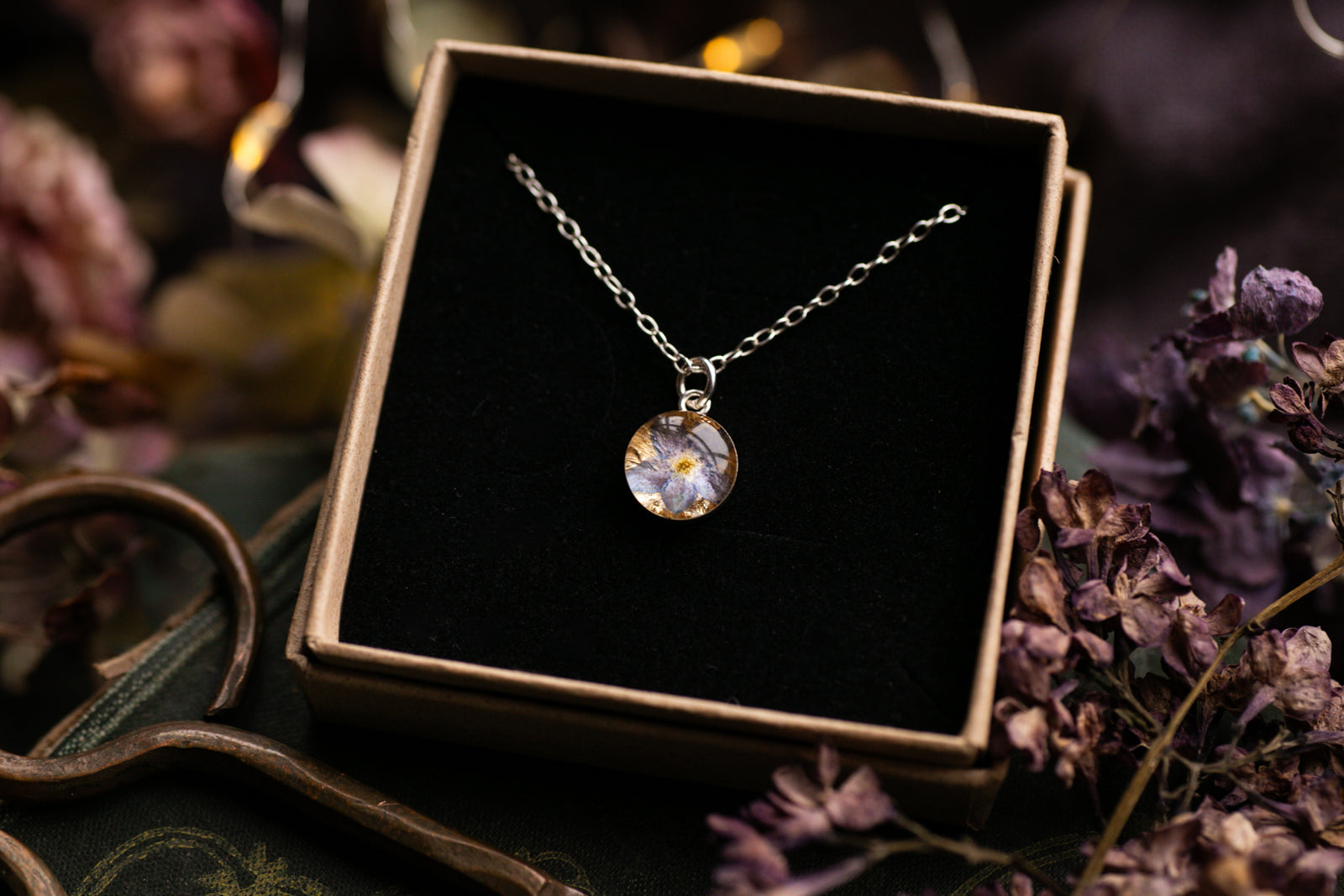 Dainty forget me not & gold leaf pendant
