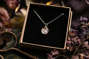 Dainty forget me not & gold leaf pendant
