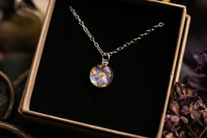 Dainty forget me not & gold leaf pendant