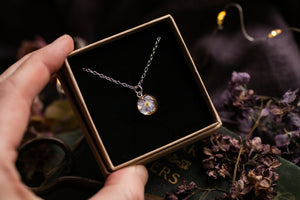 Dainty forget me not & gold leaf pendant