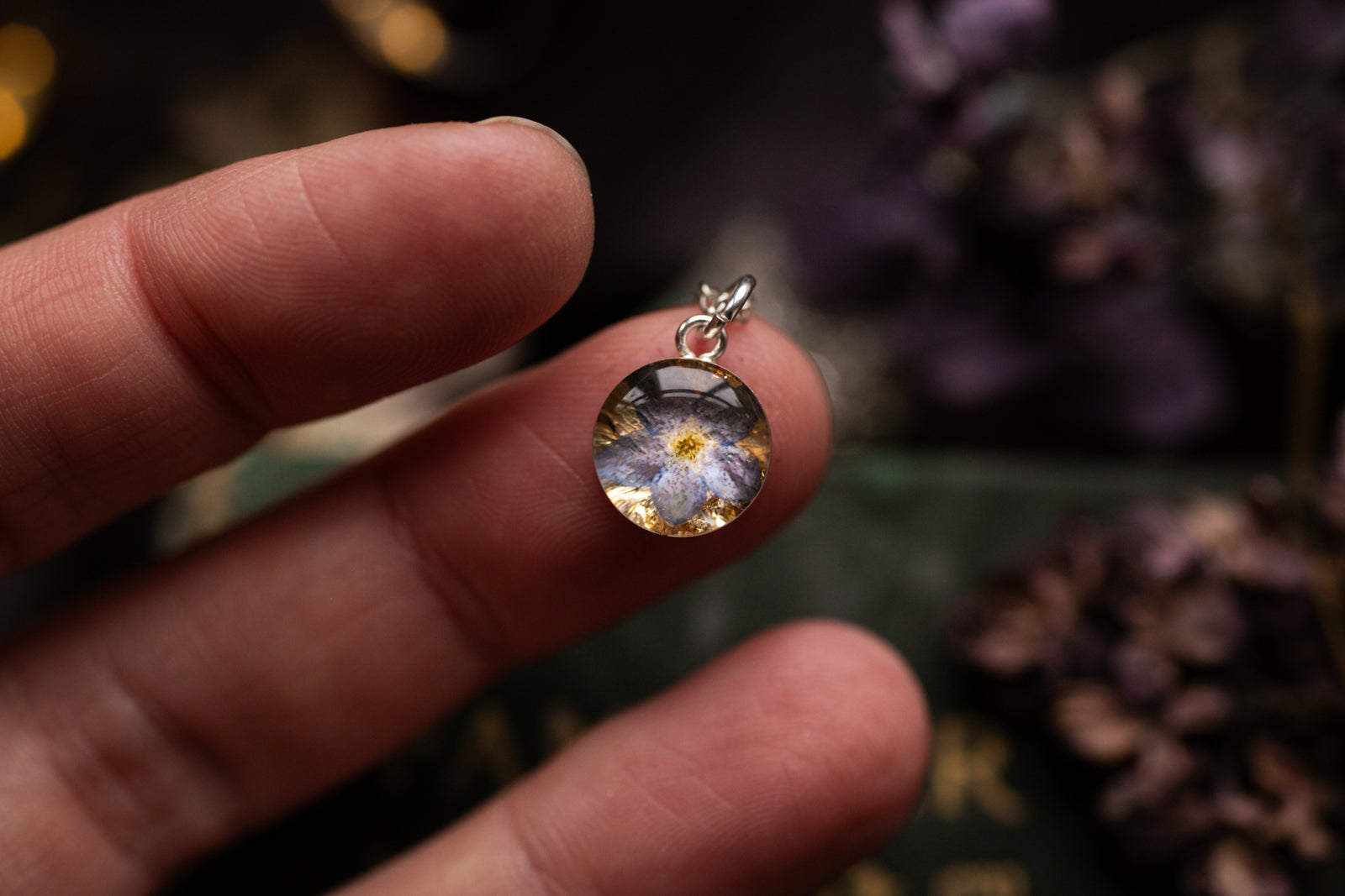 Dainty forget me not & gold leaf pendant