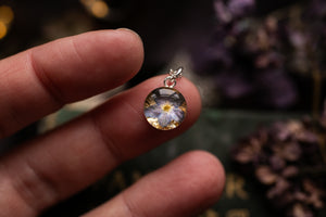 Dainty forget me not & gold leaf pendant