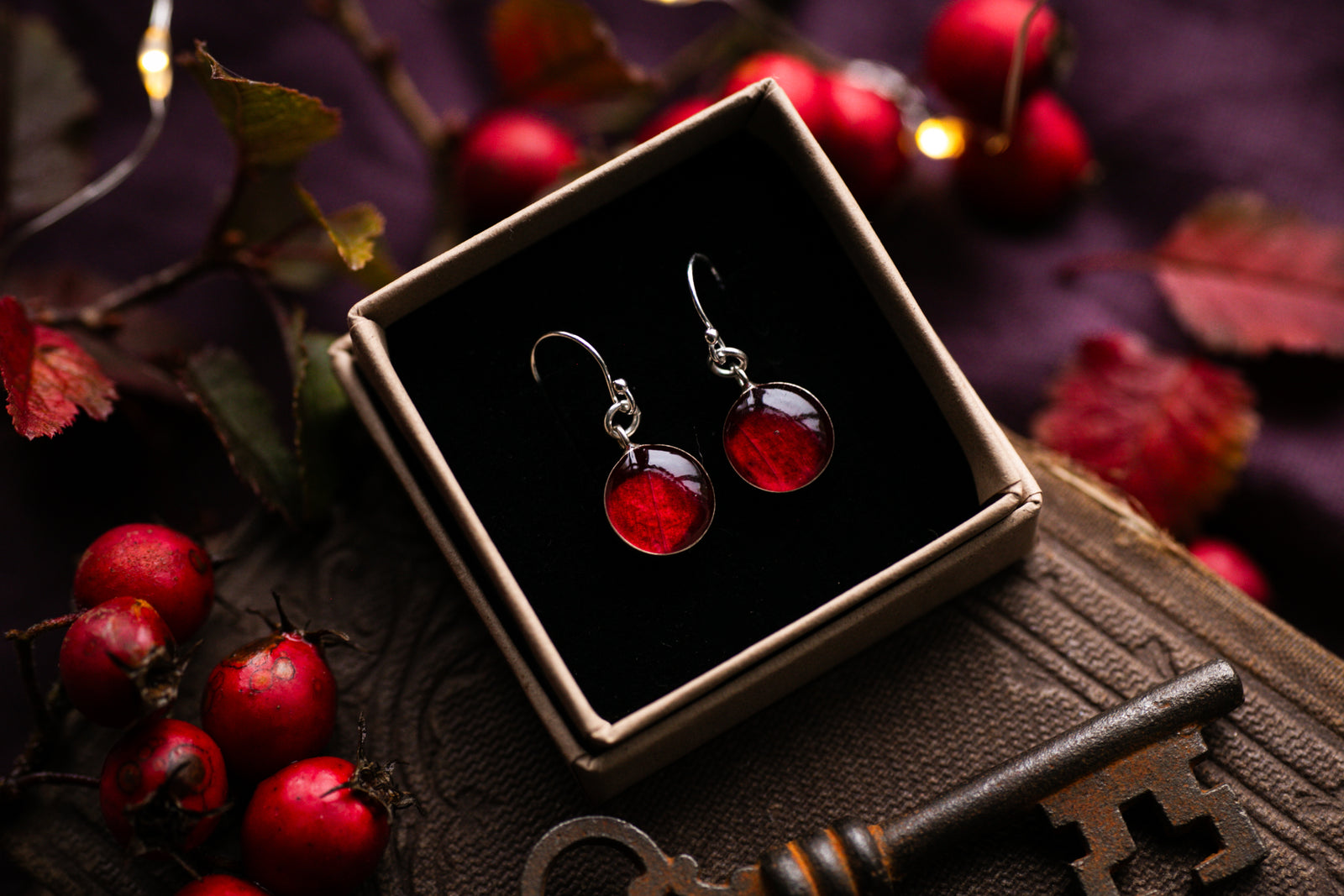 Red Blackberry leaf earrings