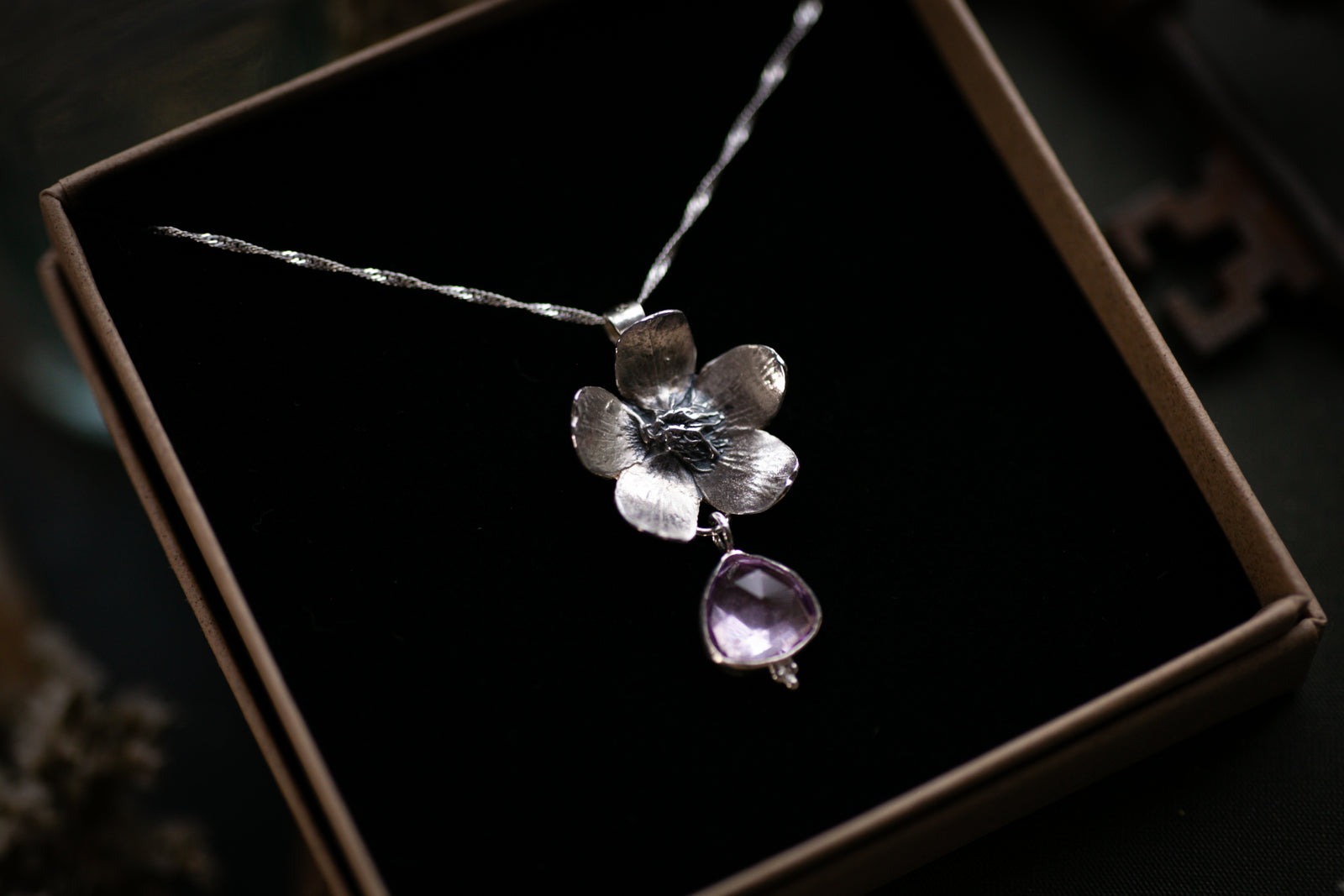Cherry blossom & lilac Amethyst pendant