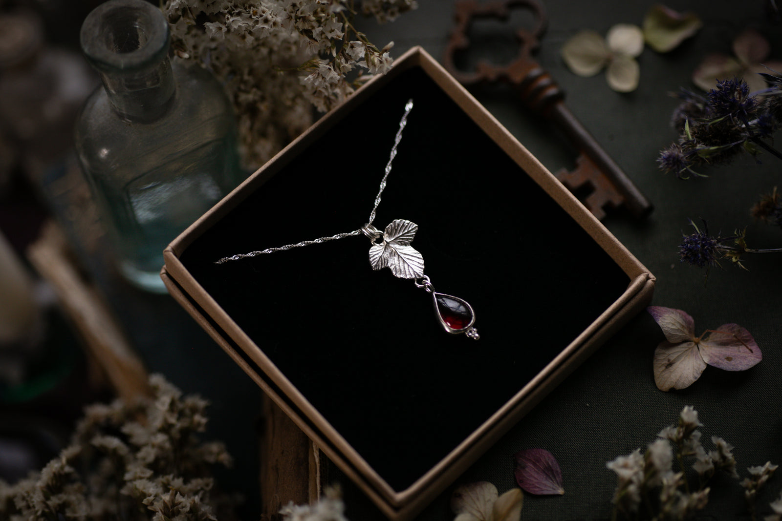 Little Blackberry leaf & Rhodolite garnet pendant