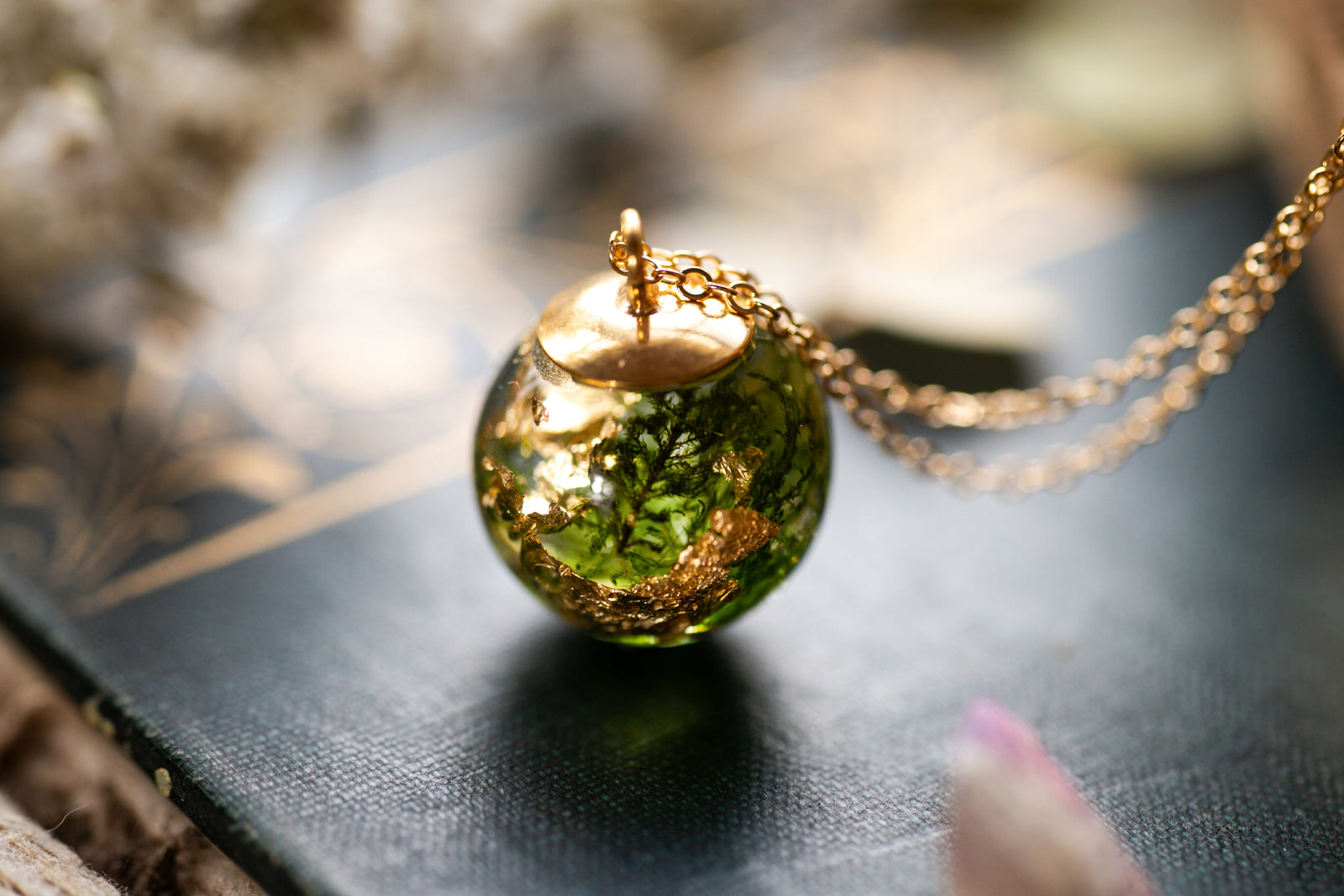 Forest moss droplet necklace with gold leaf